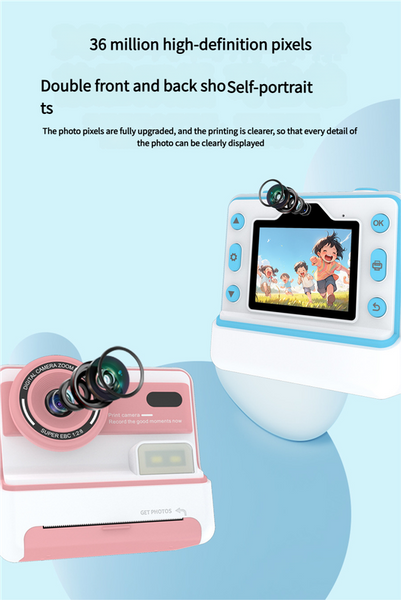 Kids Instant Print Camera Creative Drawing Photo Fun With Thermal Printing Blue 64Gb Memory Card Instant Cameras