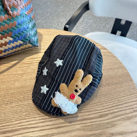 Patchwork Plaid Cotton Cap With Decorative Details (Black) Hats