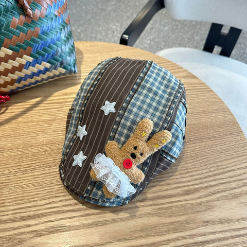 Patchwork Plaid Cotton Cap With Decorative Details(Brown) Hats