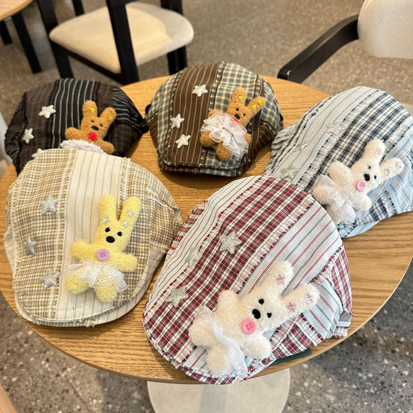 Patchwork Plaid Cotton Cap With Decorative Details(Brown) Hats