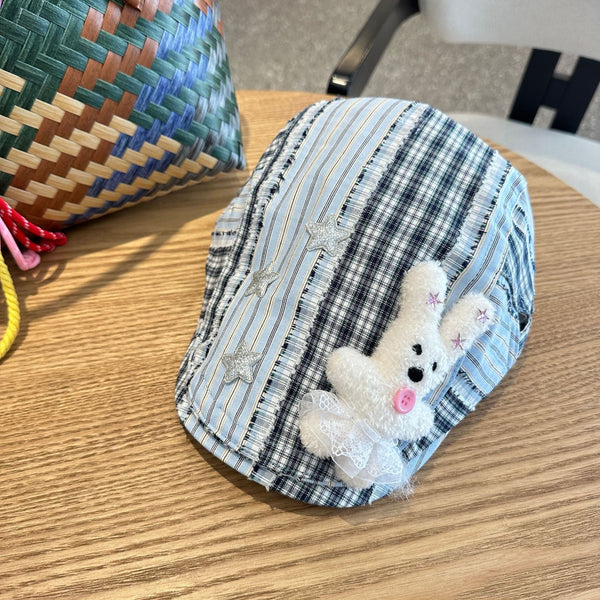 Patchwork Plaid Cotton Cap With Decorative Details (Blue) Hats