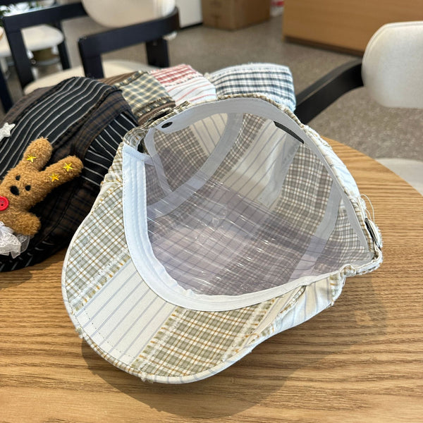 Patchwork Plaid Cotton Cap With Decorative Details (Blue) Hats