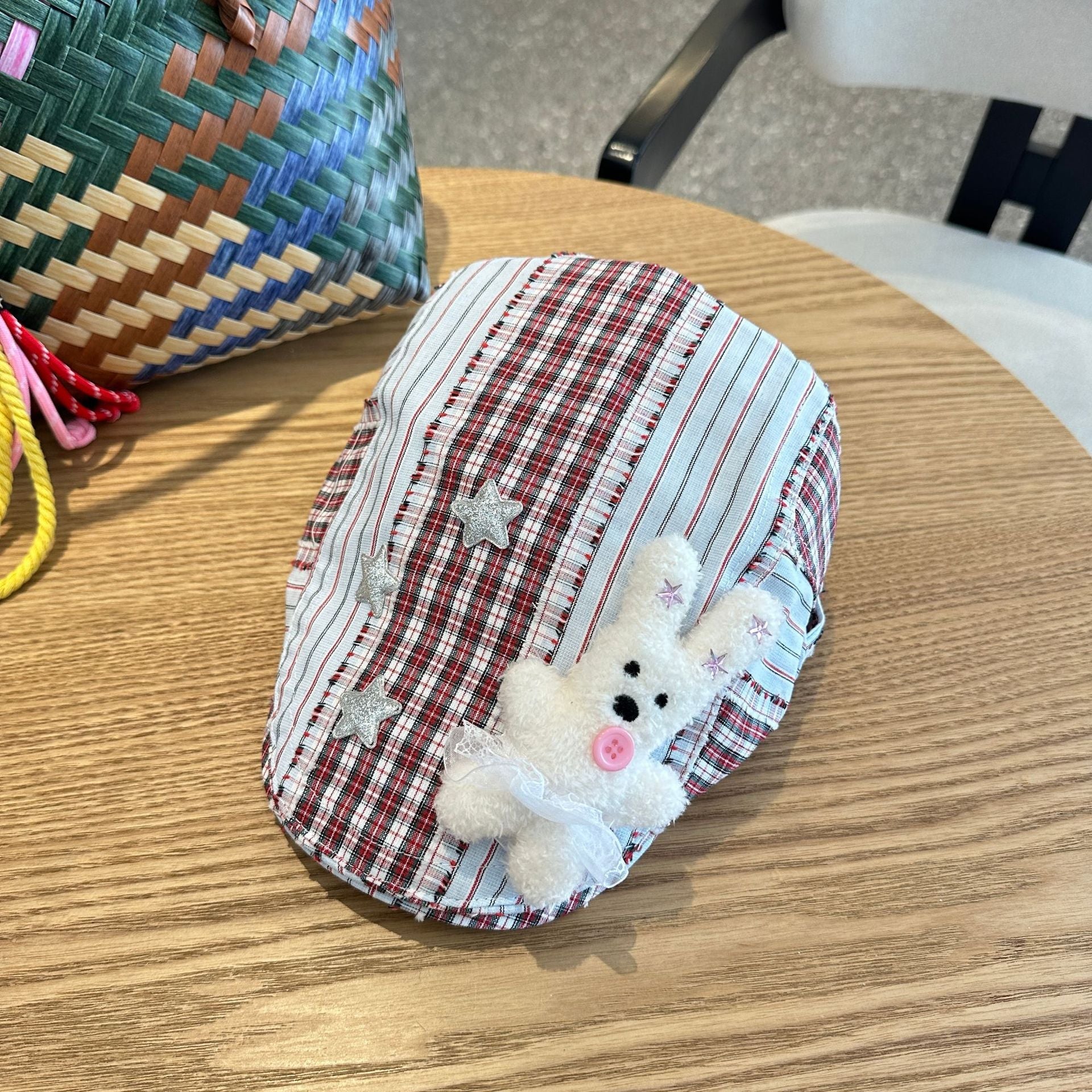 Patchwork Plaid Cotton Cap With Decorative Details (Red) Hats