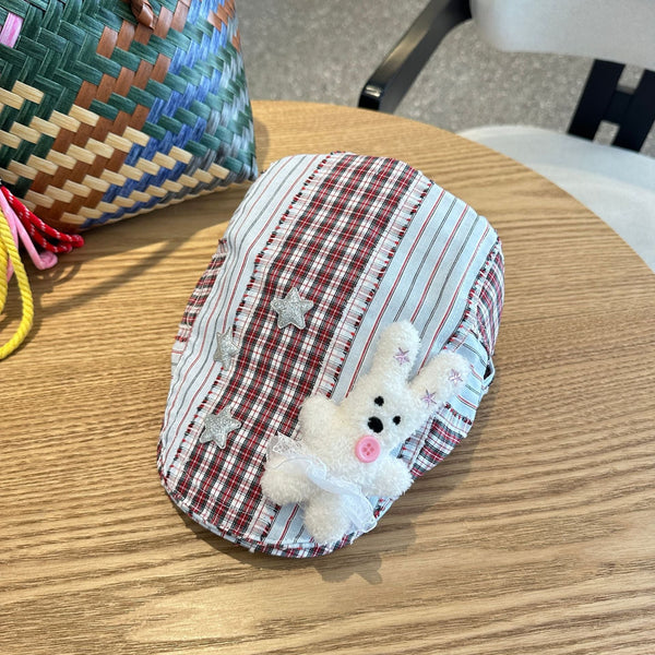 Patchwork Plaid Cotton Cap With Decorative Details (Red) Hats