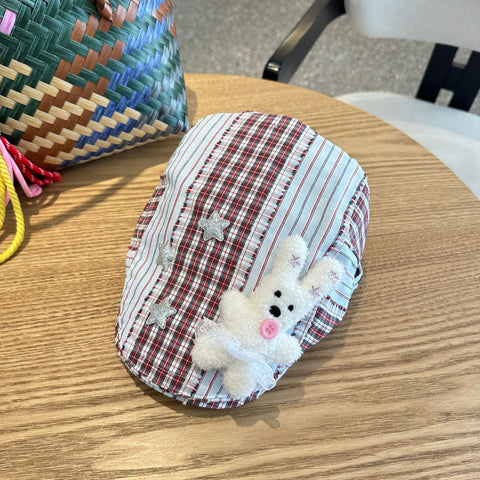 Patchwork Plaid Cotton Cap With Decorative Details (Red) Hats