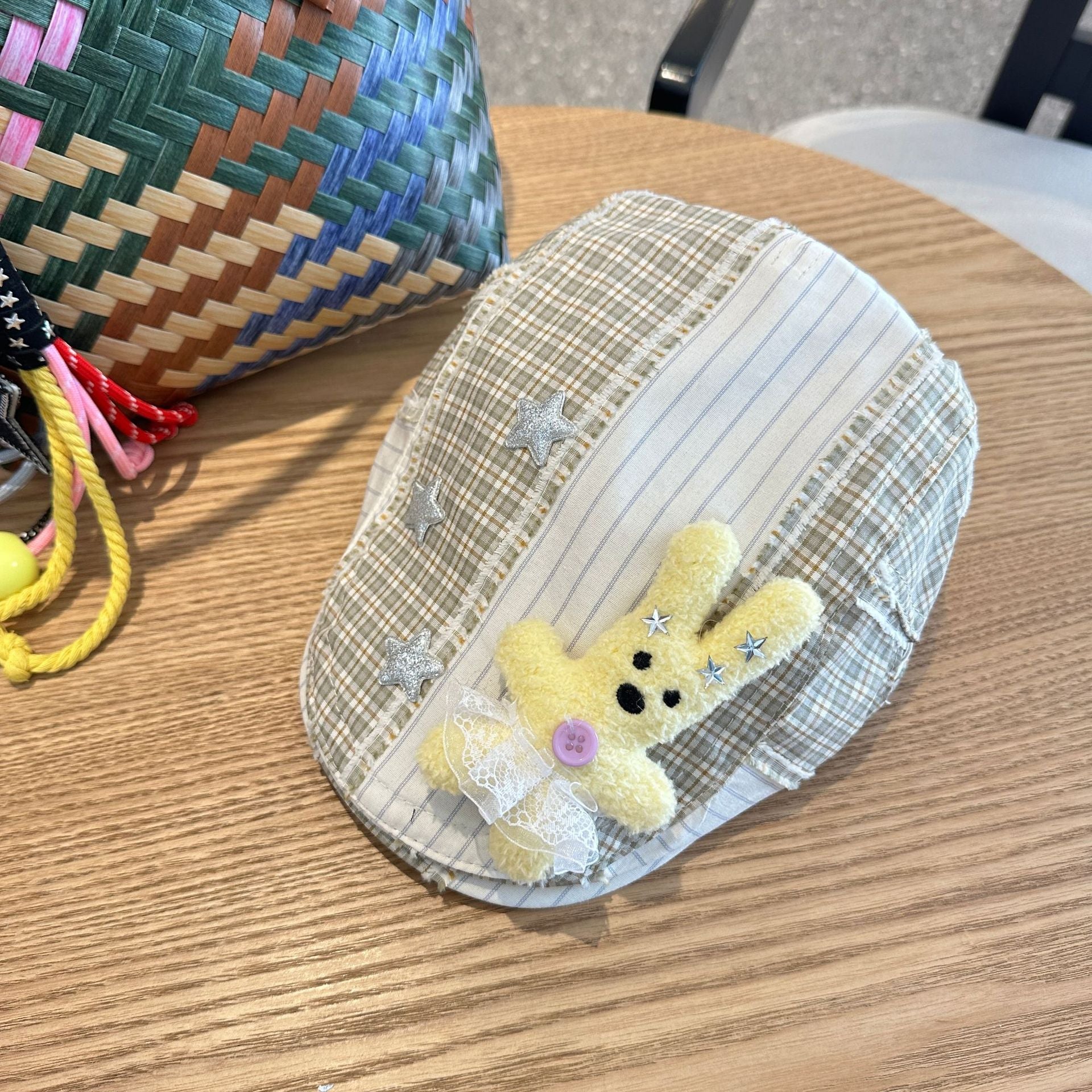 Patchwork Plaid Cotton Cap With Decorative Details (Yellow) Hats