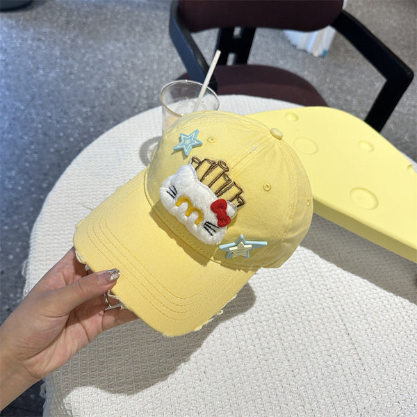 Adorable Cartoon Cat & Stars Baseball Cap 100% Cotton Adjustable Fit Sun Protection(Yellow) Hats & Headwear