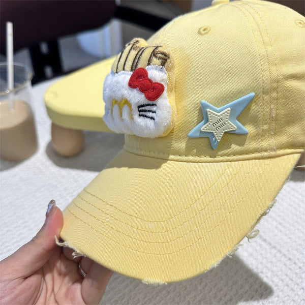 Adorable Cartoon Cat & Stars Baseball Cap 100% Cotton Adjustable Fit Sun Protection(Yellow) Hats & Headwear