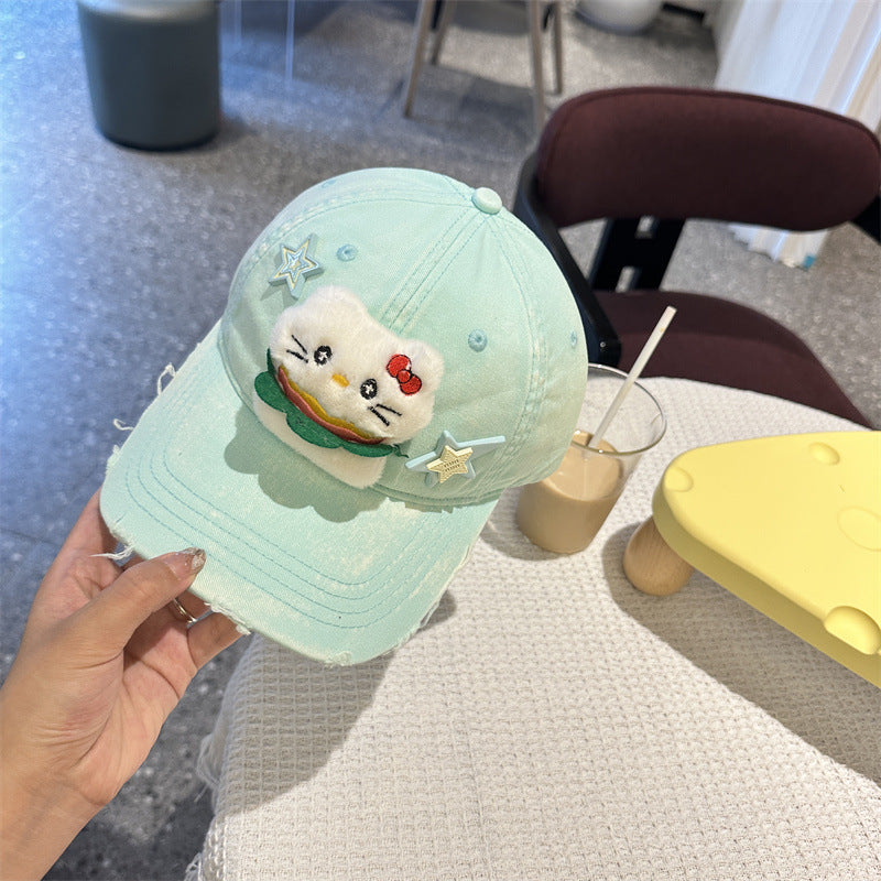 Adorable Cartoon Cat & Stars Baseball Cap 100% Cotton Adjustable Fit Sun Protection(Green) Hats & Headwear
