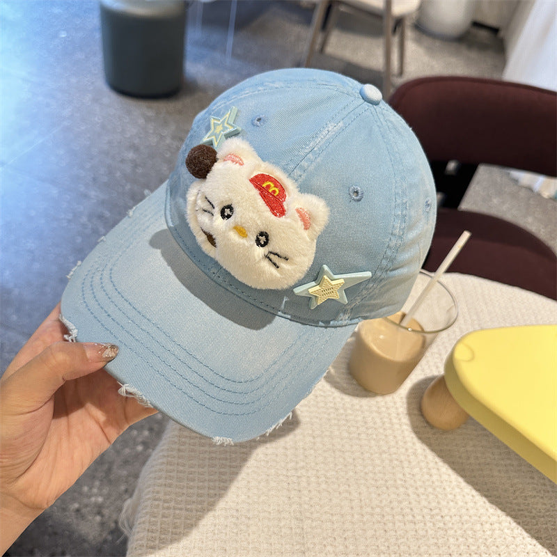 Adorable Cartoon Cat & Stars Baseball Cap 100% Cotton Adjustable Fit Sun Protection(Blue) Hats & Headwear