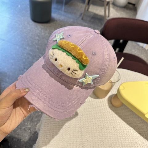 Adorable Cartoon Cat & Stars Baseball Cap 100% Cotton Adjustable Fit Sun Protection(Purple) Hats & Headwear