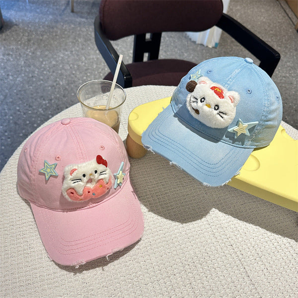 Adorable Cartoon Cat & Stars Baseball Cap 100% Cotton Adjustable Fit Sun Protection(Purple) Hats & Headwear