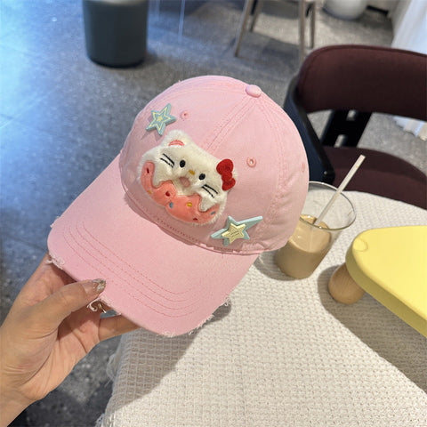 Adorable Cartoon Cat & Stars Baseball Cap 100% Cotton Adjustable Fit Sun Protection(Pink) Hats & Headwear