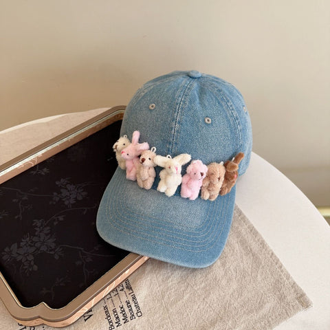 Whimsical Plush Bunny Row Denim Baseball Cap Adjustable Sun Protection Breathable Comfort(Light Blue) Hats & Headwear