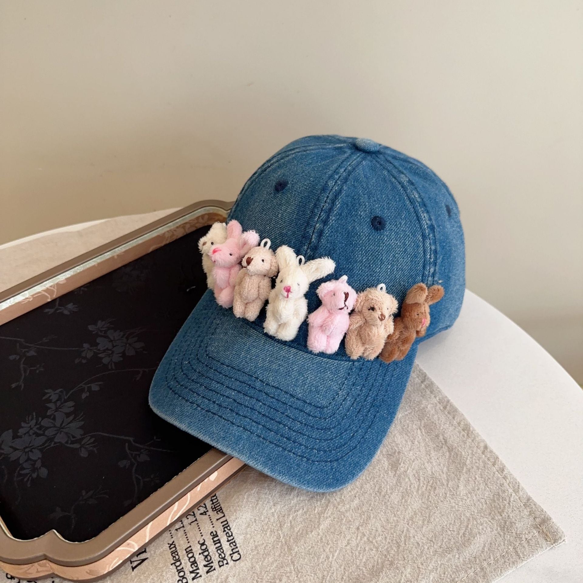 Whimsical Plush Bunny Row Denim Baseball Cap Adjustable Sun Protection Breathable Comfort(Dark Blue) Hats & Headwear