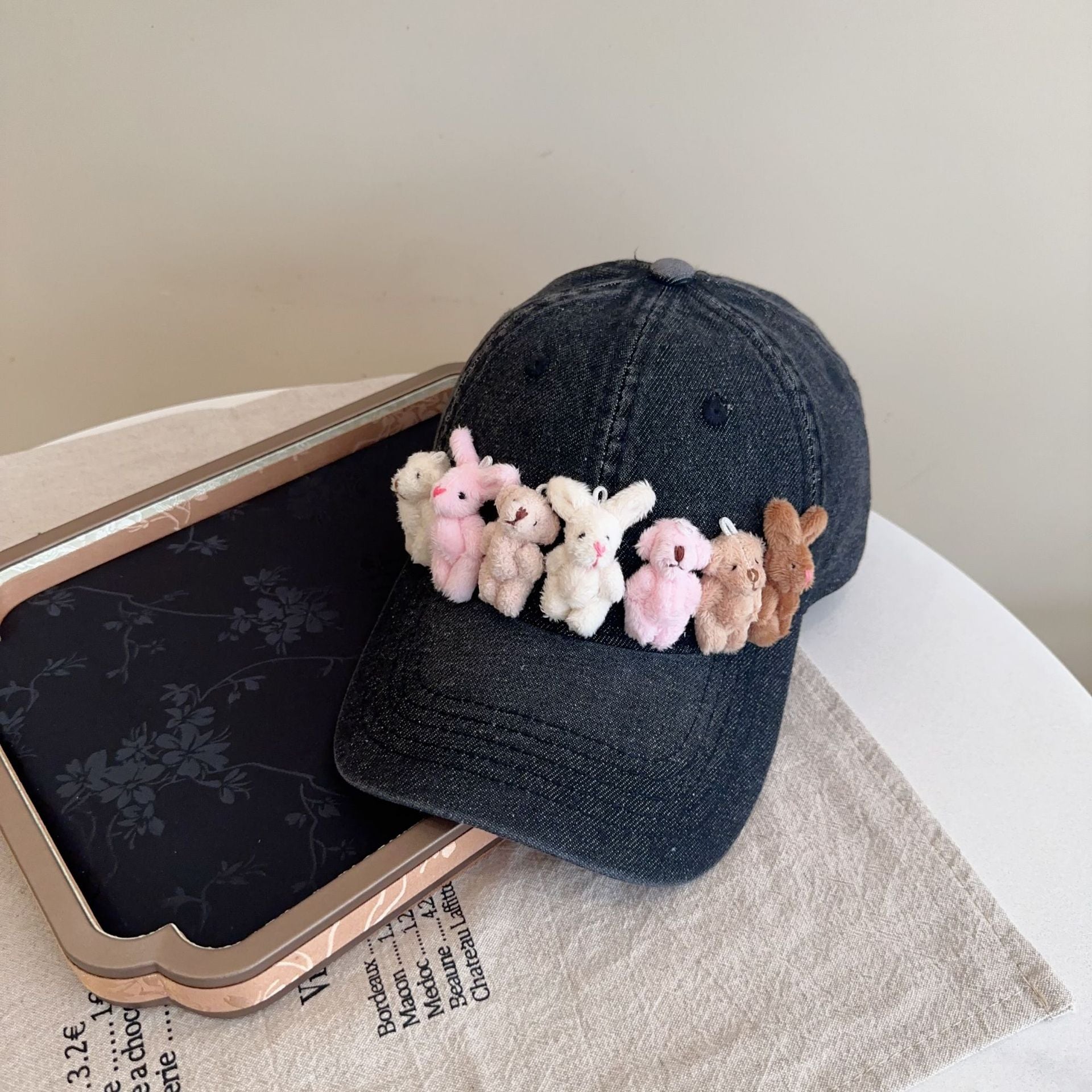 Whimsical Plush Bunny Row Denim Baseball Cap Adjustable Sun Protection Breathable Comfort(Black) Hats & Headwear