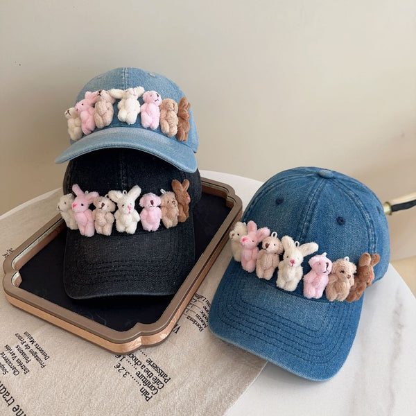 Whimsical Plush Bunny Row Denim Baseball Cap Adjustable Sun Protection Breathable Comfort(Black) Hats & Headwear