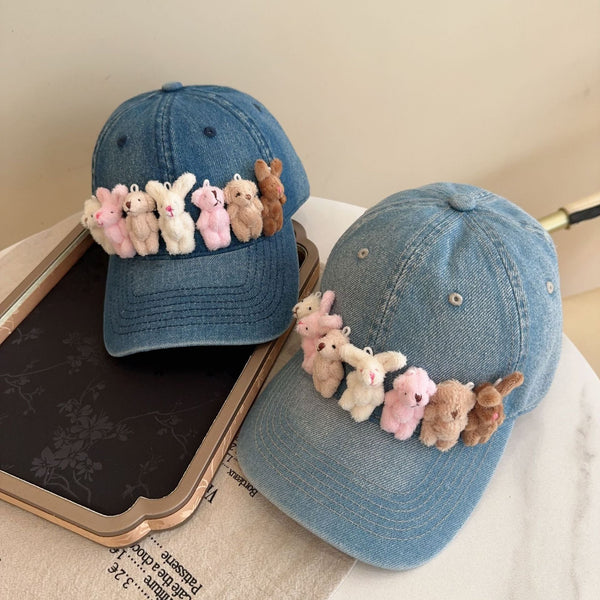 Whimsical Plush Bunny Row Denim Baseball Cap Adjustable Sun Protection Breathable Comfort(Black) Hats & Headwear