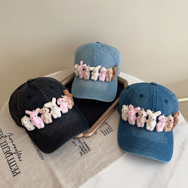 Whimsical Plush Bunny Row Denim Baseball Cap Adjustable Sun Protection Breathable Comfort(Black) Hats & Headwear