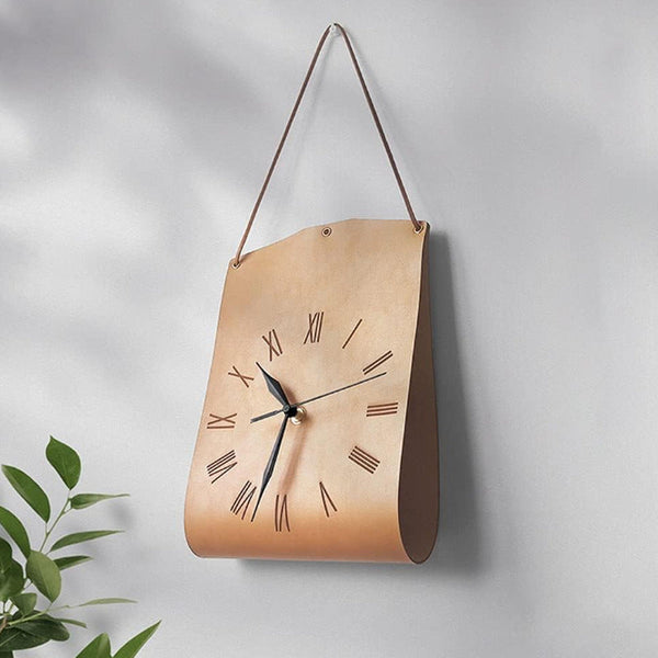 Retro Pu Leather Hanging Wall Clock Silent Sweep Movement Roman Numerals Decorative Handbag Style(Light Brown) Wall Clocks