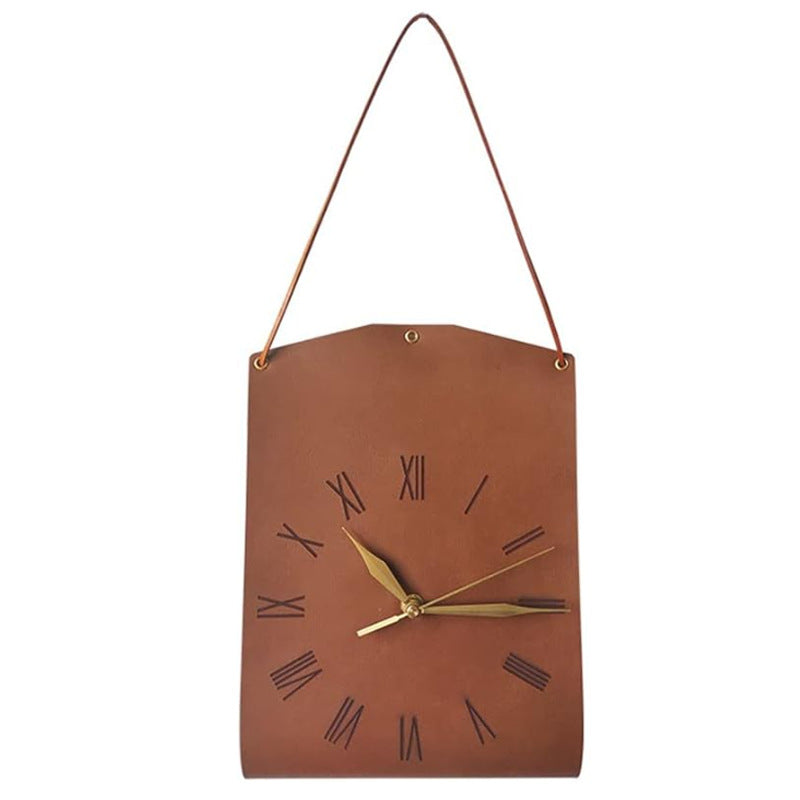 Retro Pu Leather Hanging Wall Clock Silent Sweep Movement Roman Numerals Decorative Handbag Style(Dark Brown) Wall Clocks