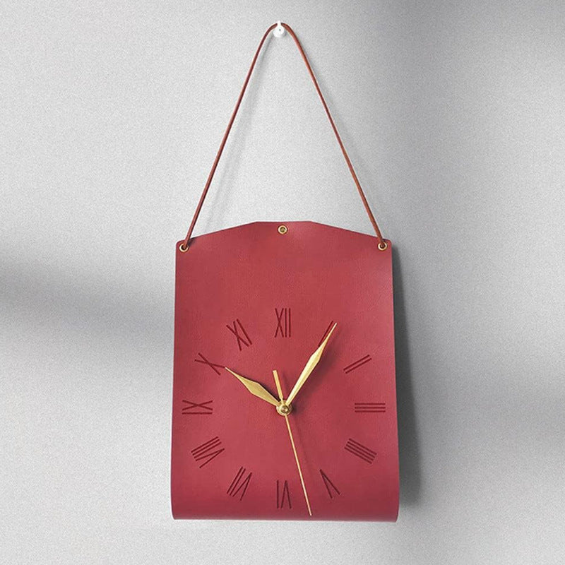 Retro Pu Leather Hanging Wall Clock Silent Sweep Movement Roman Numerals Decorative Handbag Style(Red) Wall Clocks