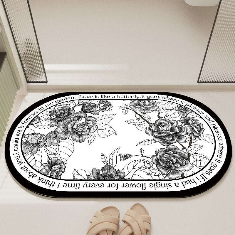 Elegant Floral Print Absorbent Floor Mat Quick Dry Non Slip Easy Clean Bathroom & Entryway Rug(Black And White) Door Mats & Floor Mats
