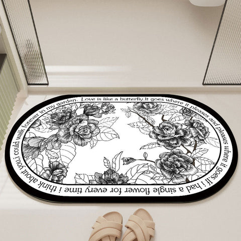 Elegant Floral Print Absorbent Floor Mat Quick Dry Non Slip Easy Clean Bathroom & Entryway Rug(Black And White) Door Mats & Floor Mats