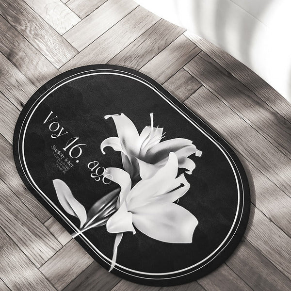 Elegant Floral Print Absorbent Floor Mat Quick Dry Non Slip Easy Clean Bathroom & Entryway Rug(White Flowers On Black Background) Door Mats & Floor Ma
