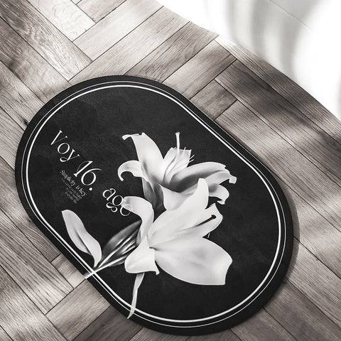 Elegant Floral Print Absorbent Floor Mat Quick Dry Non Slip Easy Clean Bathroom & Entryway Rug(White Flowers On Black Background) Door Mats & Floor Ma