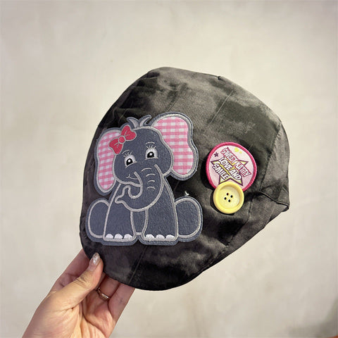 Cute Elephant Applique Beret Hat Soft Fabric Adjustable Fit Retro Newsboy Cap(Black) Hats