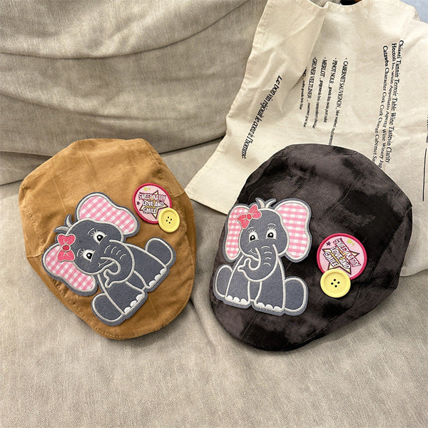 Cute Elephant Applique Beret Hat Soft Fabric Adjustable Fit Retro Newsboy Cap(Black) Hats