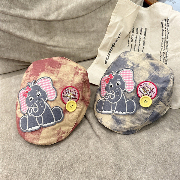 Cute Elephant Applique Beret Hat Soft Fabric Adjustable Fit Retro Newsboy Cap(Black) Hats