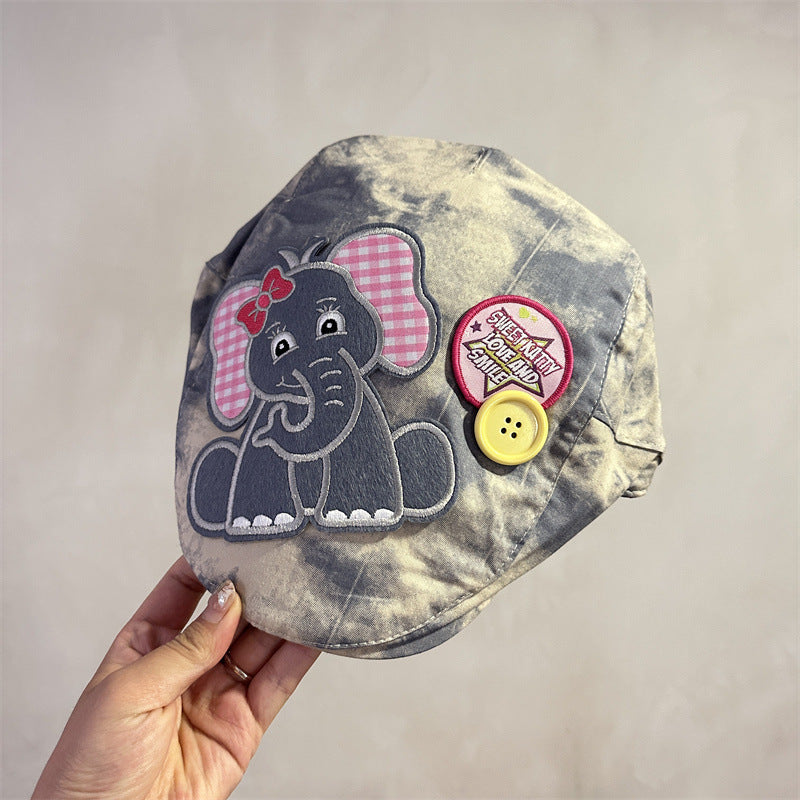 Cute Elephant Applique Beret Hat Soft Fabric Adjustable Fit Retro Newsboy Cap(Blue) Hats