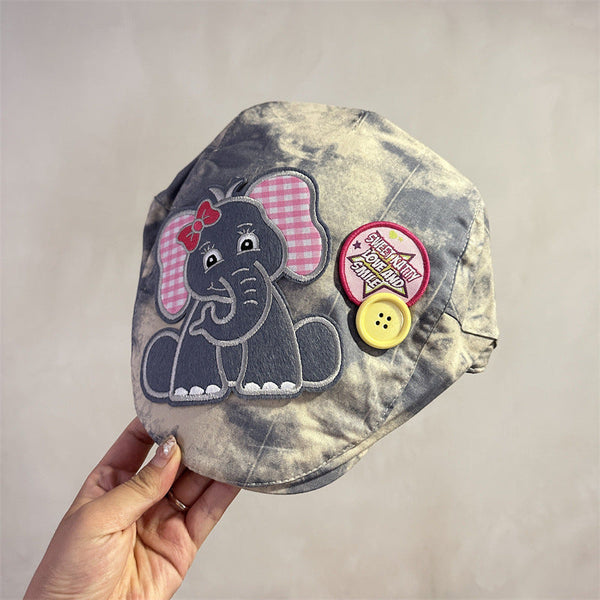 Cute Elephant Applique Beret Hat Soft Fabric Adjustable Fit Retro Newsboy Cap(Blue) Hats