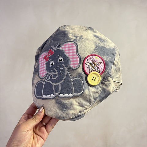 Cute Elephant Applique Beret Hat Soft Fabric Adjustable Fit Retro Newsboy Cap(Blue) Hats