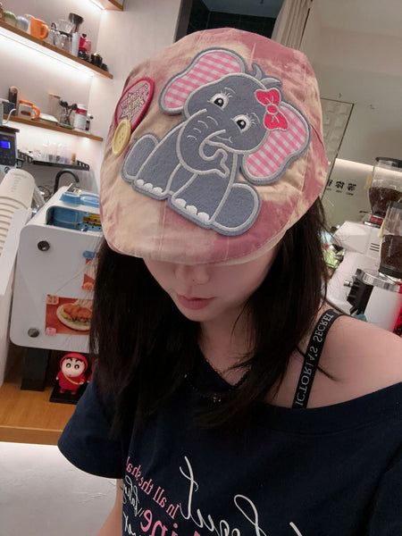Cute Elephant Applique Beret Hat Soft Fabric Adjustable Fit Retro Newsboy Cap(Blue) Hats