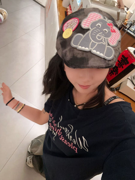 Cute Elephant Applique Beret Hat Soft Fabric Adjustable Fit Retro Newsboy Cap(Blue) Hats