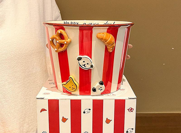 Charming Striped Ceramic Instant Noodle Bowl With 3D Accents & Happy Every Day!" Message(Red)" Decorative Plates & Bowls