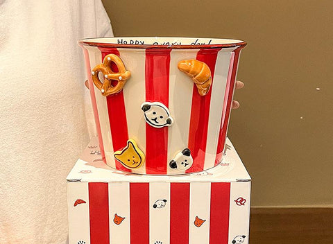 Charming Striped Ceramic Instant Noodle Bowl With 3D Accents & Happy Every Day!" Message(Red)" Decorative Plates & Bowls