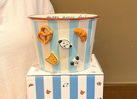 Charming Striped Ceramic Instant Noodle Bowl With 3D Accents & Happy Every Day!" Message(Blue)" Decorative Plates & Bowls