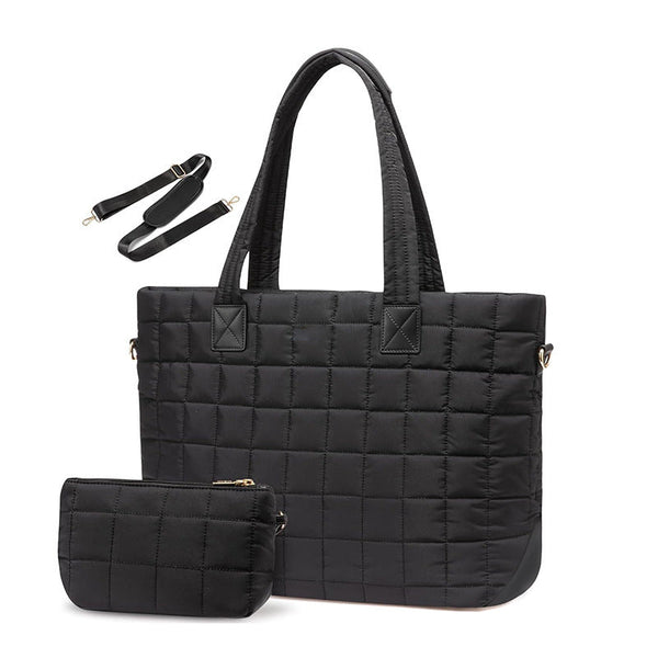 Lightweight Quilted Tote Bag For Women Fits 15.6 Laptop Water Resistant With Clutch Luggage Strap Black Laptop Cases & Bags
