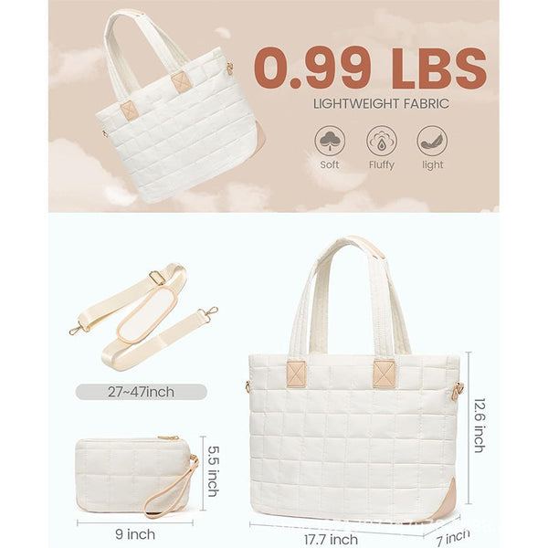 Lightweight Quilted Tote Bag For Women Fits 15.6 Laptop Water Resistant With Clutch Luggage Strap Black Laptop Cases & Bags