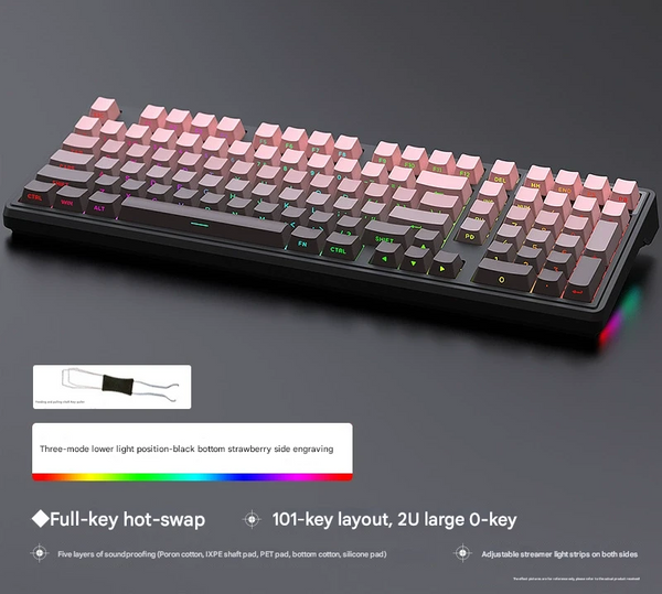 Tri Mode Rgb Mechanical Gaming Keyboard 102 Hot Swappable 4000Mah Battery 5 Layer Sound Dampening(Strawberry On Black) Keyboards