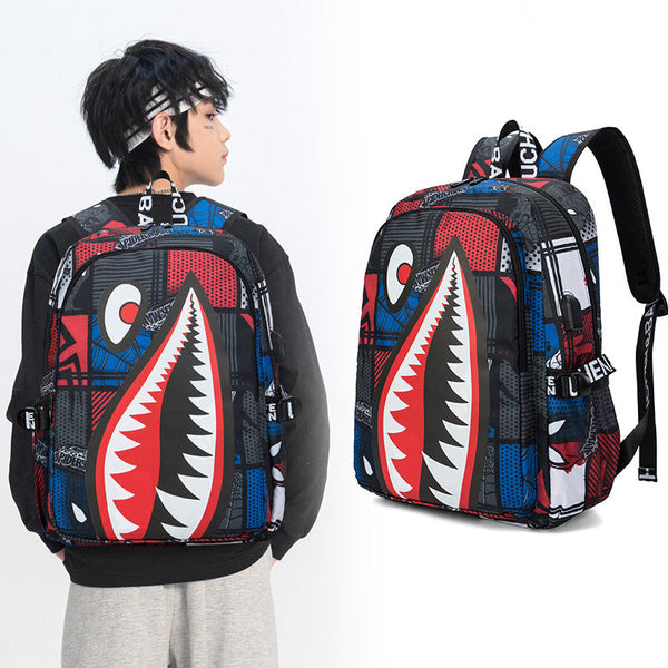 Trendsetter Shark Mouth Print Backpack Lightweight Breathable School Bag Blue Lightning Backpacks & Bags