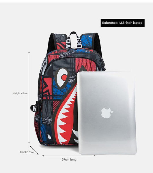 Trendsetter Shark Mouth Print Backpack Lightweight Breathable School Bag Blue Lightning Backpacks & Bags
