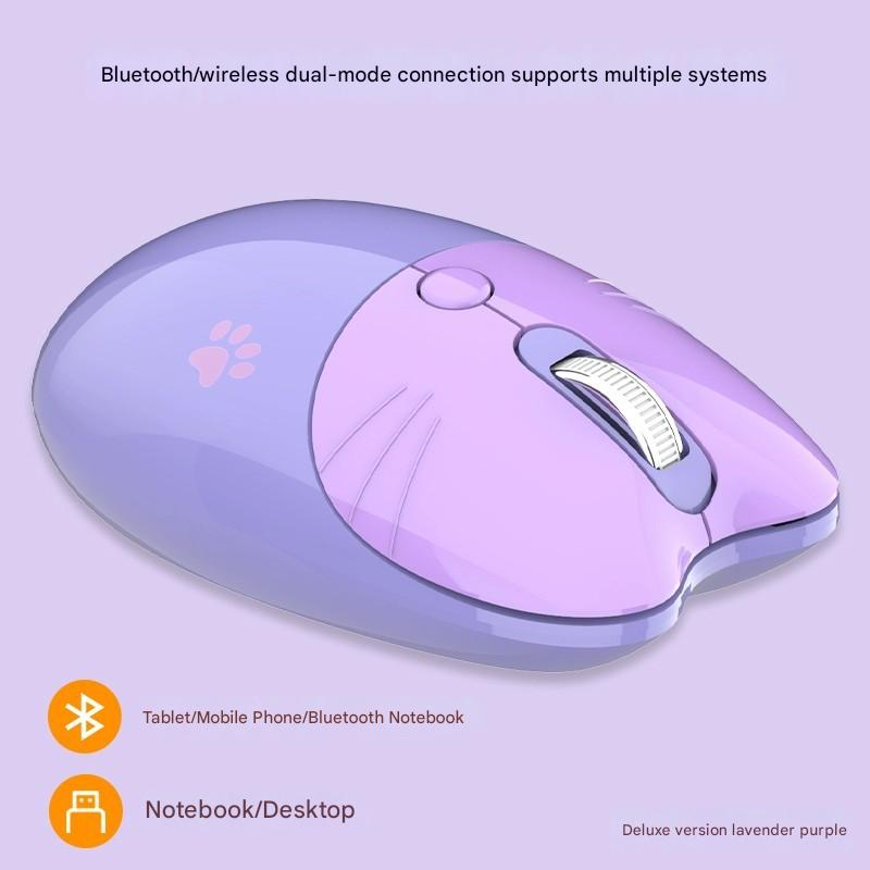 Cute Cat Shaped Wireless Office Mouse Dual Mode 2.4G/Bluetooth 3 Level Dpi Silent Click(Purple) Keyboard & Mouse Bundles
