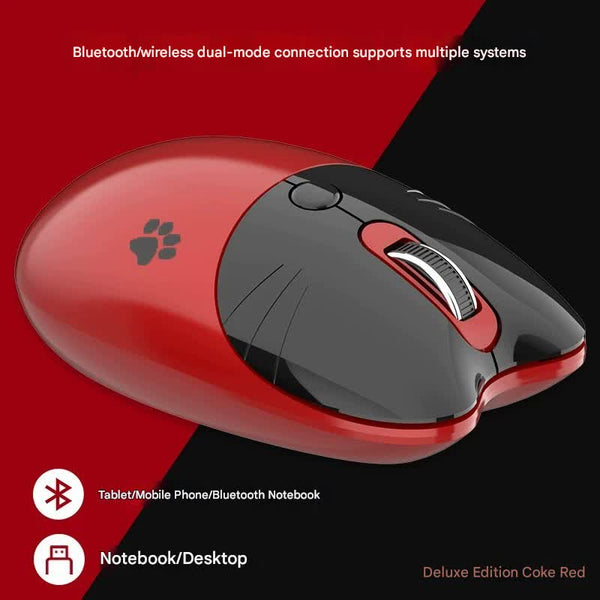Cute Cat Shaped Wireless Office Mouse Dual Mode 2.4G/Bluetooth 3 Level Dpi Silent Click(Red) Keyboard & Mouse Bundles