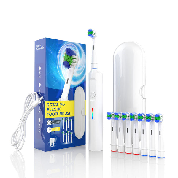 Rotating Electric Toothbrush With 3D Cleaning Action Modes Ipx7 Waterproof Travel Case & 6 Brush Heads(White) Electric Toothbrushes