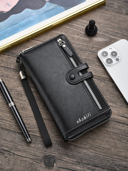 Two Pieces High Capacity Pu Leather Clutch Wallet Unisex Design With Wrist Strap Zipper And Multiple Card Slots Black Wallets
